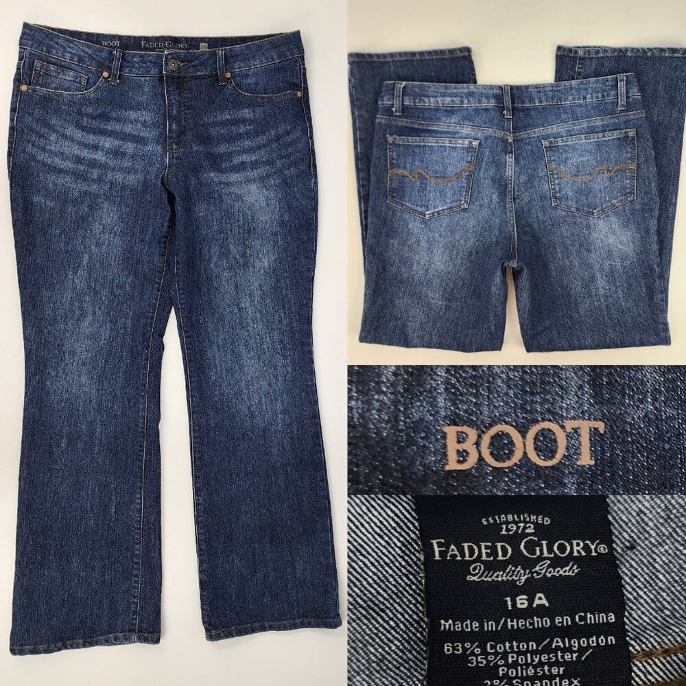Faded Glory Womens 16 38x30 Dark Rinse Wash Boot Cut Blue Stretch Denim Jeans